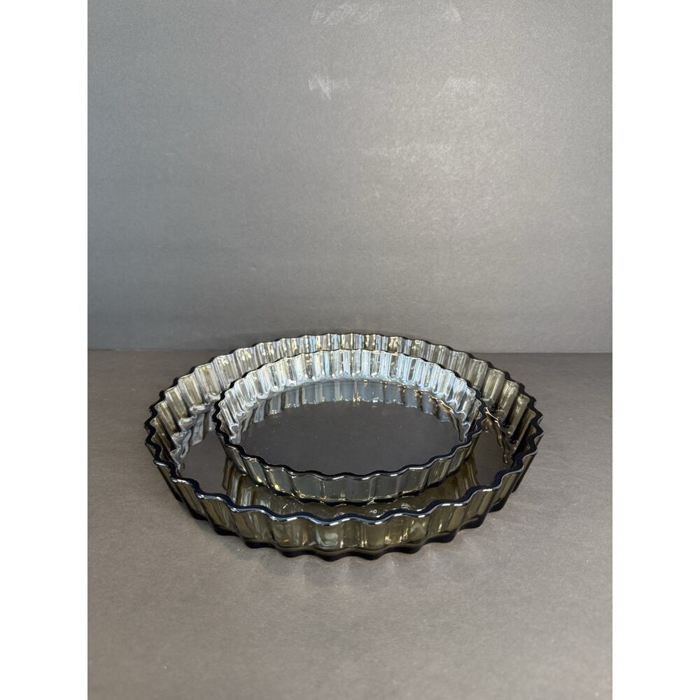 Arcuisine France Smoked Glass Fluted Tart Quiche Pans Set 2 Vintage